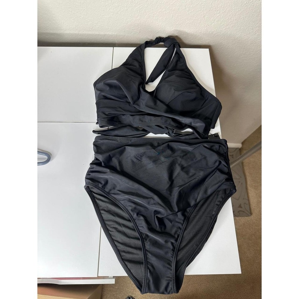 Talisea Bikini Swimsuit Women Medium Black Good High Waisted Halter Wrap Top - Picture 3 of 8